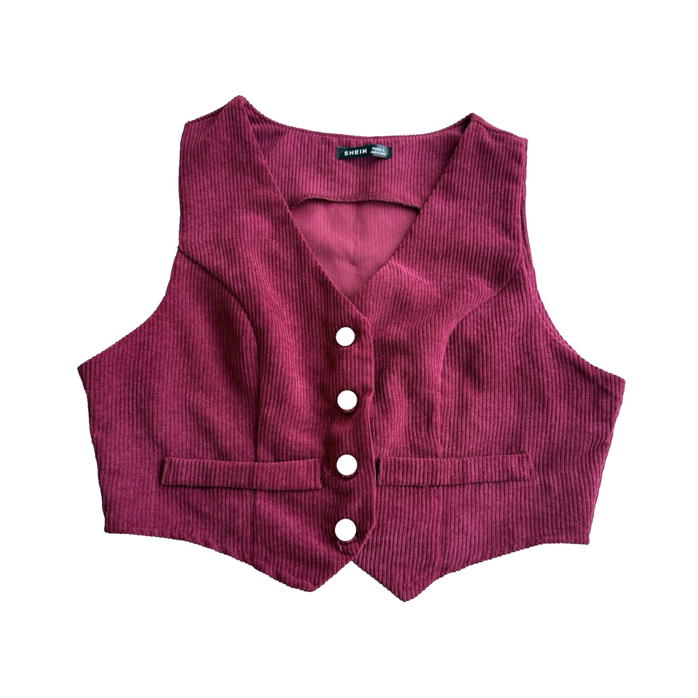 Shein Velvet Maroon Ribbed Sleeveless Vest Top Button Detail Petite Large
